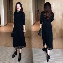 加绒加厚蕾丝加厚新款长款针织连衣裙秋冬中长款过膝打底显瘦大衣