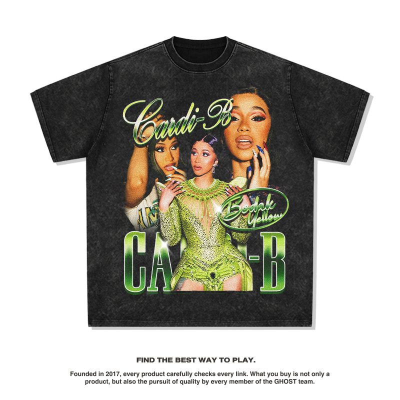 Tarjeta hermana Cardi B Europa y América hip-hop rap americano street hip-hop marca de moda estampado retro desgastado lavado manga corta