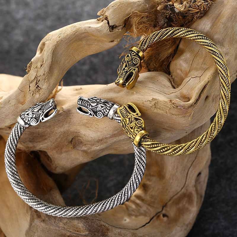 欧米の爆発品の合金の腕輪の糸はバイキングの動物の頭を編んで個性の復古の双頭竜の腕輪の卸売りを開きます。|undefined