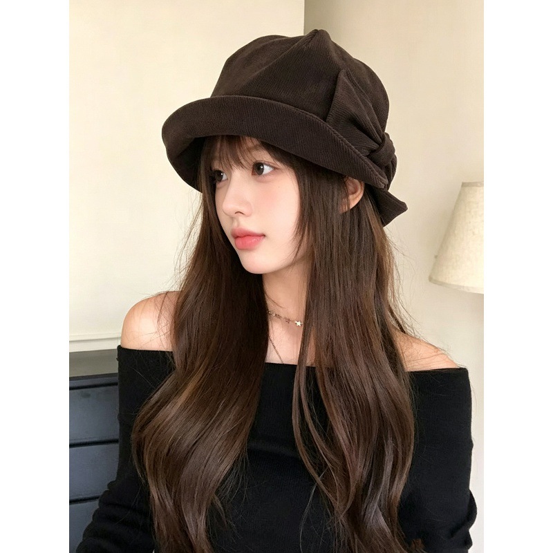 Vintage Bow Corduroy Fisherman Hat for Women, Fashionable and Versatile for Autumn and Winter, Covers Face, Makes Face Look Smaller, Warm and Stylish