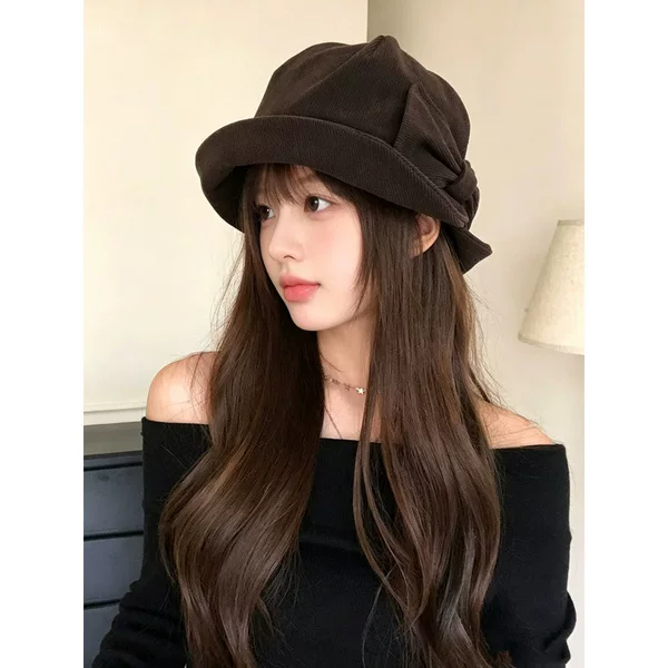 Vintage Bow Corduroy Fisherman Hat for Women, Fashionable and Versatile for Autumn and Winter, Covers Face, Makes Face Look Smaller, Warm and Stylish