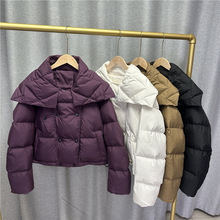 海军领羽绒服女短款2025新款韩版时尚加厚大翻领磁铁扣面包服外套