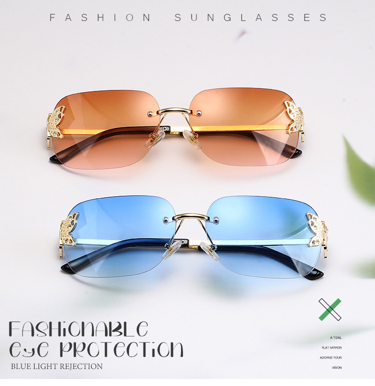 50g Weight Frameless Glasses Structure Sunglasses Classification PC, UV400 Protection Lens Material Square Glasses Style Travel Occasion Butterfly Pattern Women's Gender Simple Style, Classic Style Style Grey, Gold Color Simple Style Classic Style Butterfly PC UV400 Protection Square Frameless Women's Sunglasses 无