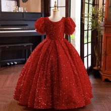 女童礼服蓬蓬裙2024夏季新款轻奢小众走秀红色小主持人钢琴演出服