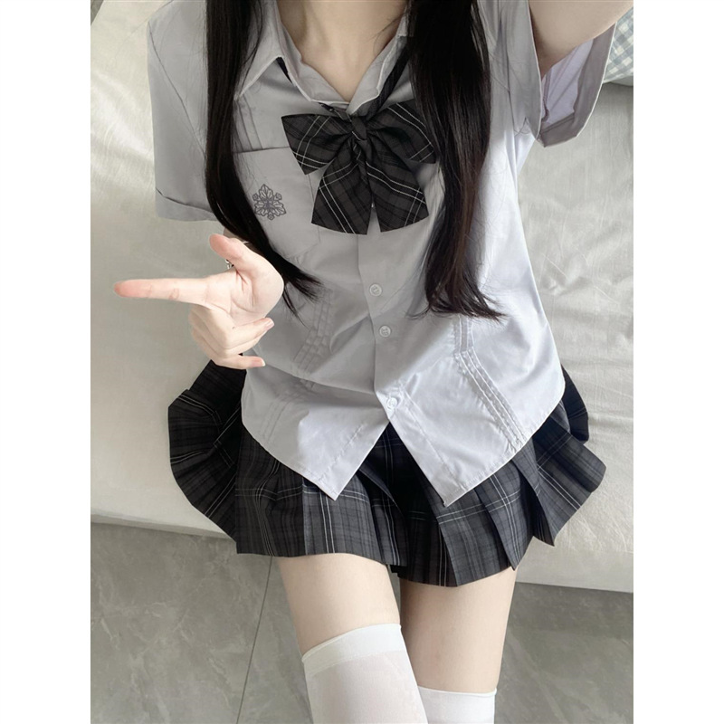 Thai school uniform college style all-match embroidered water gray shirt jk uniform genuine original short sleeve shirt striped