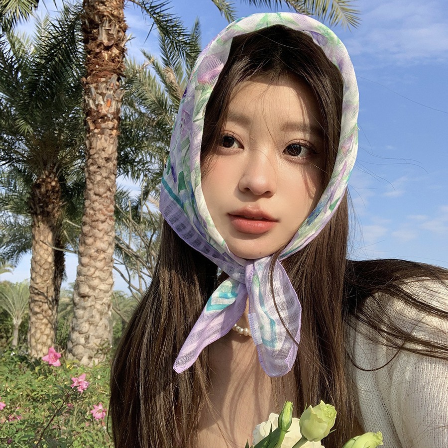 Spring summer new thin countryside style flower for women's artistic headwear, sunscreen and face covering small square_voghion.com