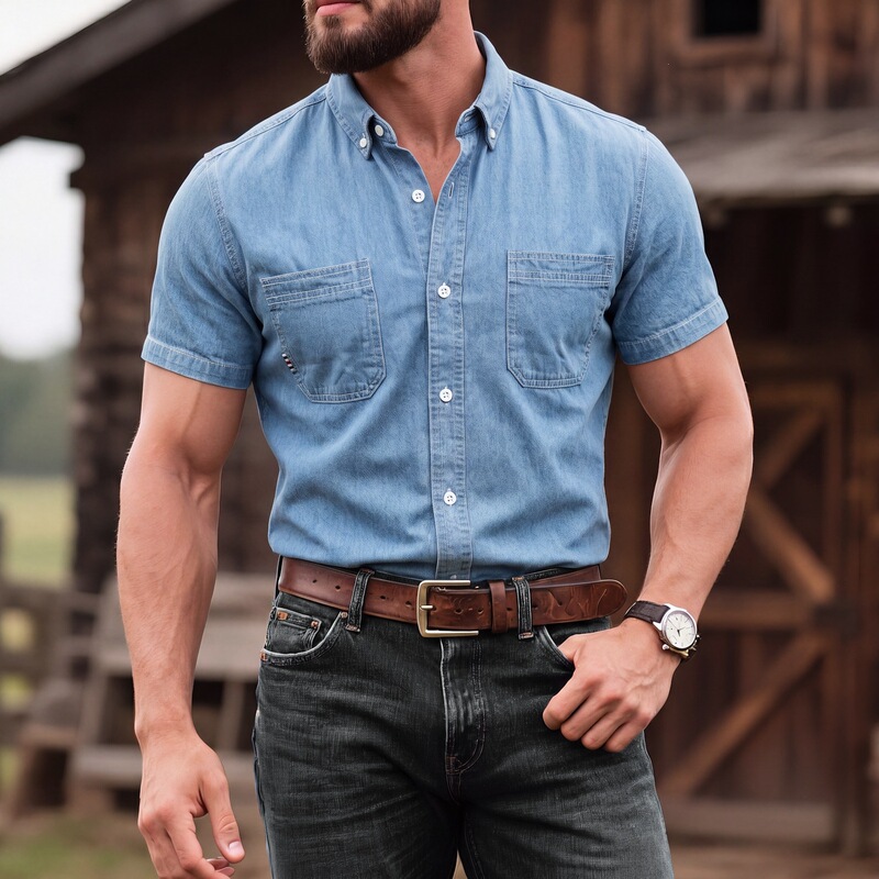 Cross-Border Foreign Trade Summer New Style European and American Men's Casual Fashion High-Quality Cotton Denim Short-Sleeved Shirt Western Shirt