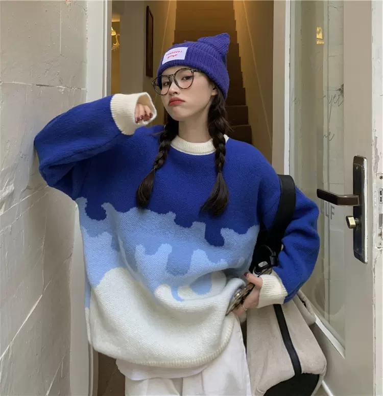 渐变克莱因蓝毛衣女加厚设计感秋冬装2024新款慵懒撞色针织衫上衣