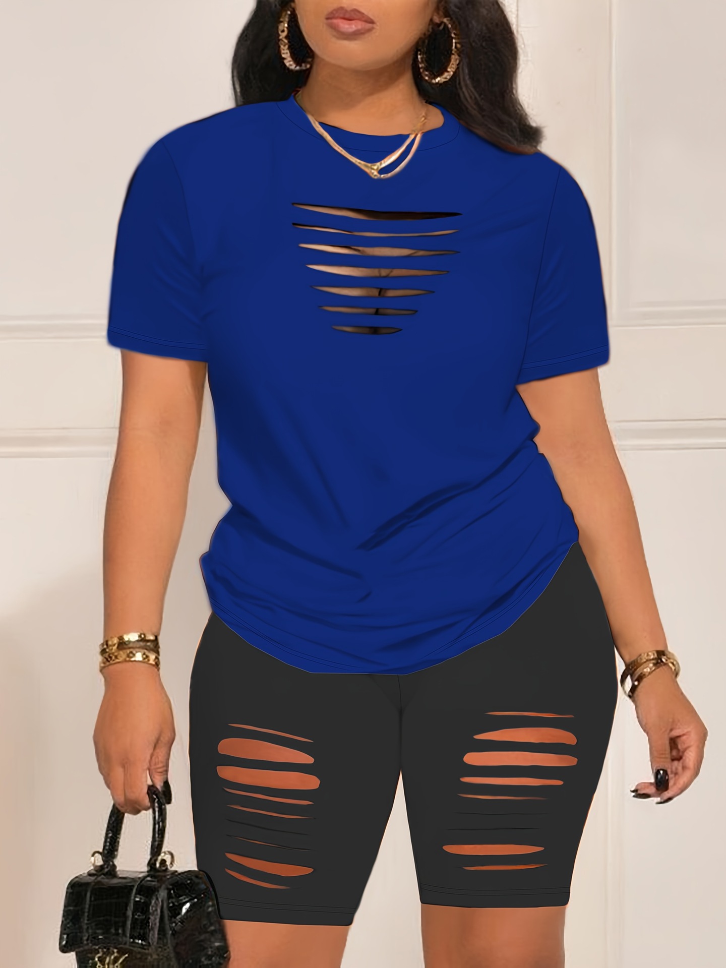 Women's Summer Sexy Hollow Out T-Shirt And Shorts Set Sleeveless V-Neck Outfit For Casual Comfortable Wear_ecoleips.com