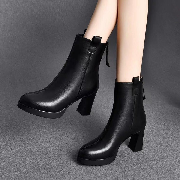 in stock Thick High Heel Pointed Martin Boots Soft Bottom Comfortable fleece-lined Short Boots Women's 2024 Autumn and Winter New Slimming Leather Boots