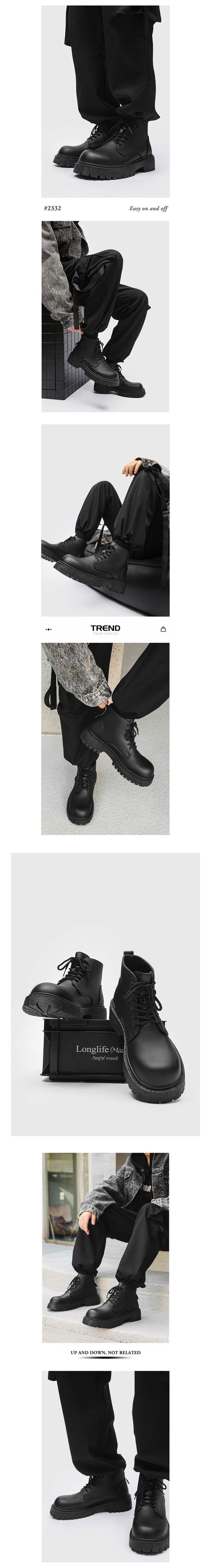 ShoeVault Derby Big Toe Martin Boots High Top British Hong Kong Style Hommes Semelle Épaisse Cuir Noir Nouvelle Hauteur Augmentant Travail_voghion.com