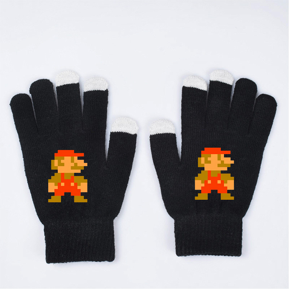 馬里奧全指手套秋冬保暖針織觸屏手套純色印花簡約彈力男女士分指