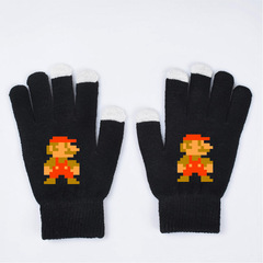 馬里奧全指手套秋冬保暖針織觸屏手套純色印花簡約彈力男女士分指