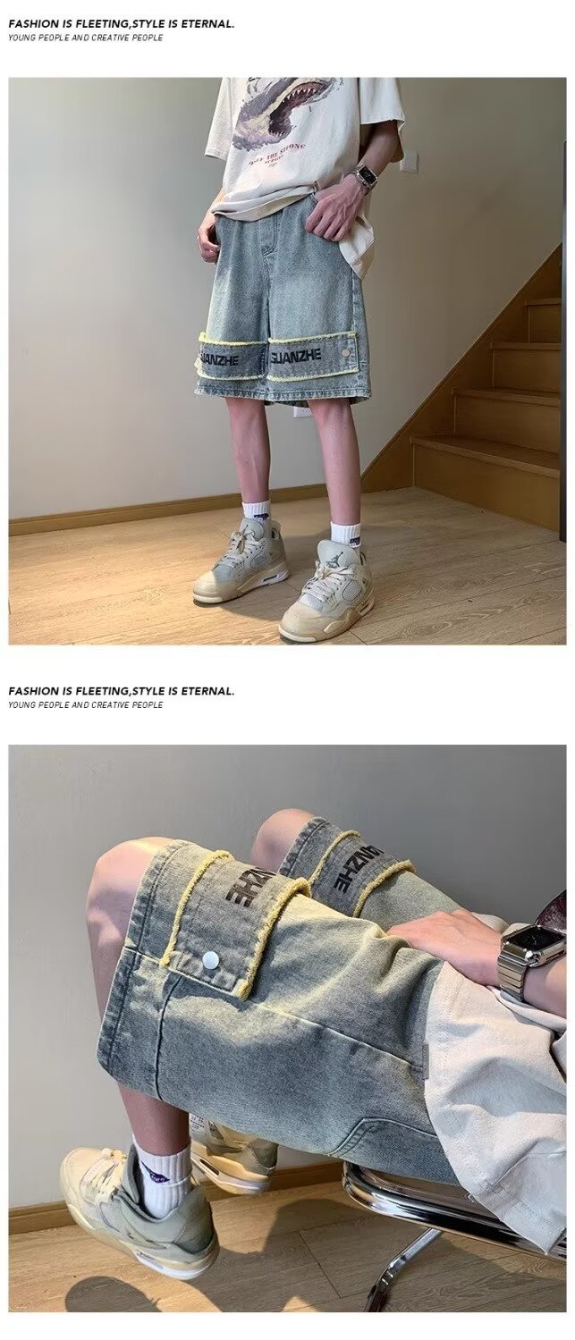 Men's Style Washed Distressed Denim Shorts Niche Design High Street Muddy Wide Leg Straight Leg Five Point Pants_mkmklike.com
