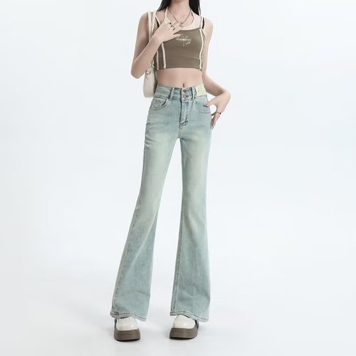 Women's Spring and Autumn Straight Leg Jeans, Lightweight Trendy Brand Slim High-Waisted Narrow Wide Leg Pants