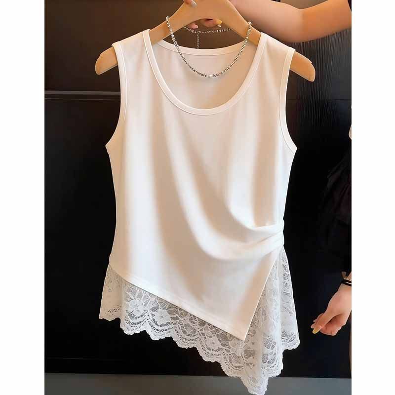 Women's Clothing with Lace Collar and Irregular Design, New Autumn and Summer Style, Thin and Plus-Size, Fashionable White Tank Top Women's Clothing with Lace Collar and Irregular Design, New Autumn and Summer Style, Thin and Plus-Size, Fashionable White Tank Top
