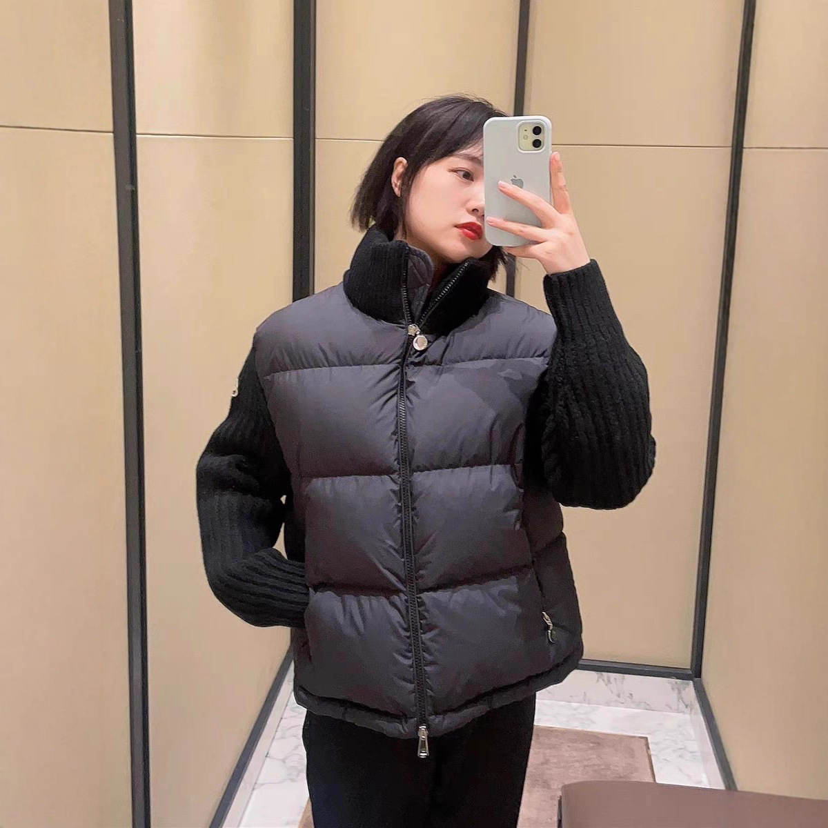 跨境M家高品质24新款女士拼接毛线羽绒服外套保暖显瘦高领白鸭绒