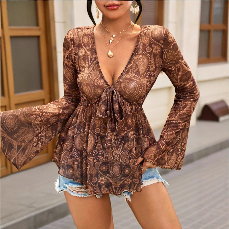 Amazon Cross-Border European and American Vacation Paisley Print Front Lace-Up Ruffled Hem Women's Summer Lining