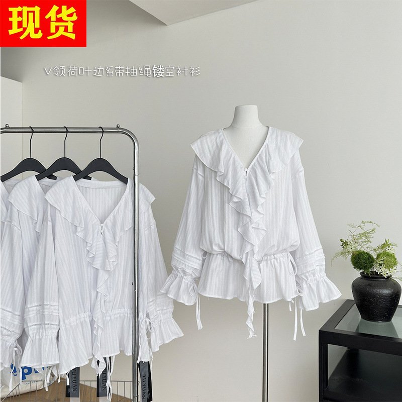 Ourhour Boho Chic White V-Neck Ruffled Lace-Up Drawstring Cut-Out Shirt Women's Bohochic Shirt Ourhour Boho Chic White V-Neck Ruffled Lace-Up Drawstring Cut-Out Shirt Women's Bohochic Shirt