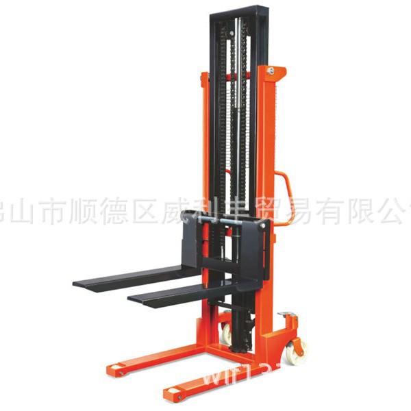 厂价直销牛力牌双门架手动液压升高车E型升降叉车1T2T堆货堆高车