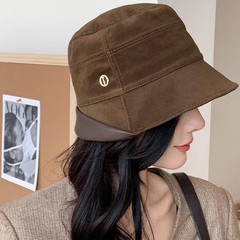 复古麂皮绒皮帽檐渔夫帽女秋冬季百搭显脸小水桶帽大头围盆帽子潮