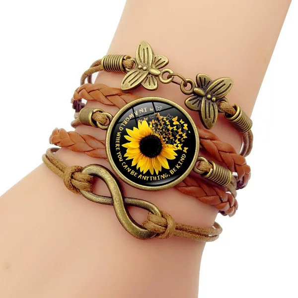 Bohemian Sunflower Butterfly Leather Bracelet Women's Vintage Infinity Symbol Multi-Layer Woven Bracelet Friendship Gift