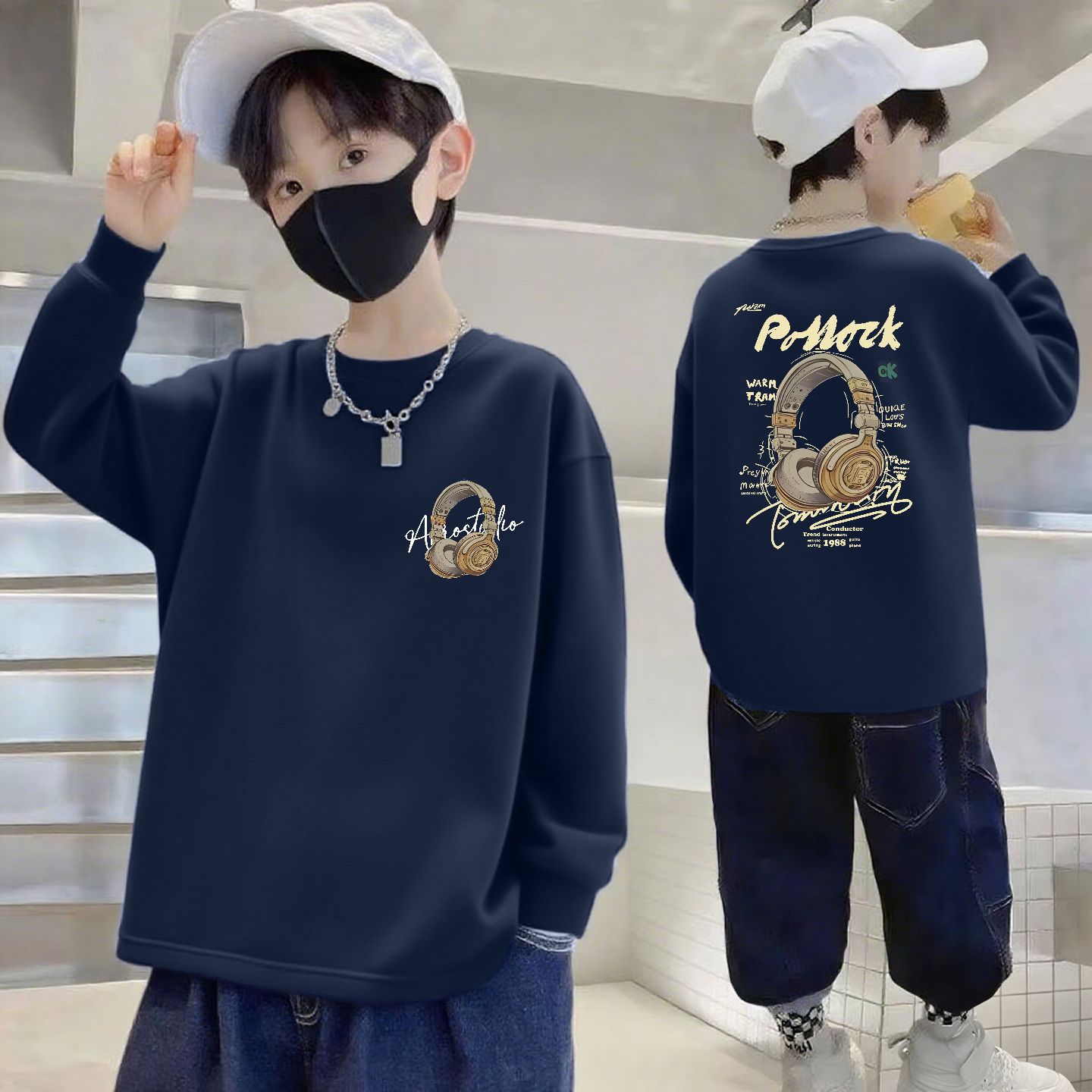100% Cotton Boys' Long-Sleeved T-Shirt Autum Kidsren's Loose Round Neck Medium and Large Kidsren's Boys' Bottoming Shirt Casual Kidsren's Clothing