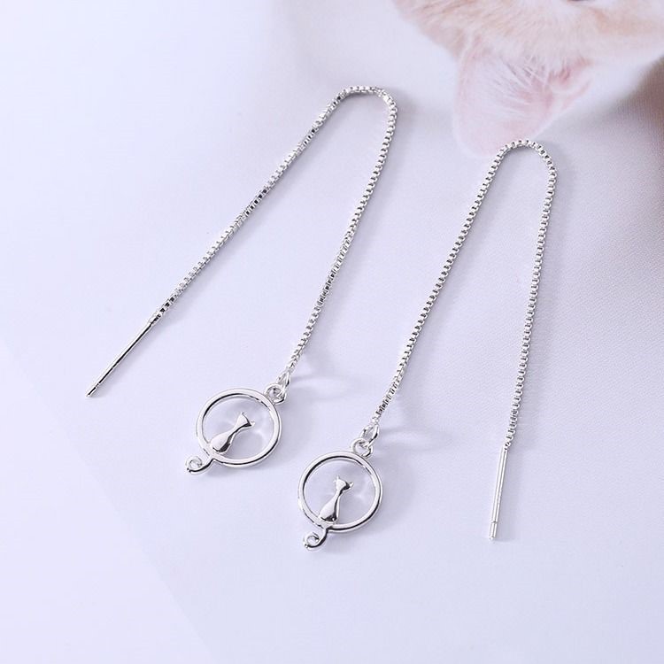 S925 pendientes de plata esterlina elegante Luna larga Luna gato pendientes de la joyería de plata de ley