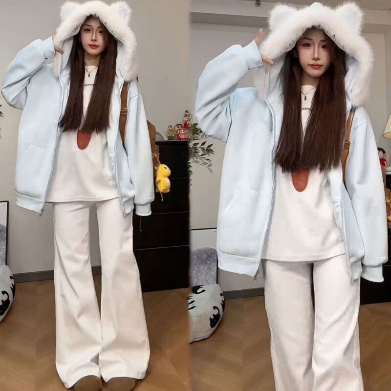 Imitation Cotton Composite Cute Cat Ear Fur Collar Fleece-Lined Hooded Long-Sleeved Sweatshirt for Women Autumn and Winter Versatile Jacket Top
