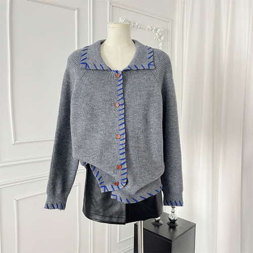 YUNSHU Korean Version Hand-Painted Color Block Sewn Collar Knit Sweater Cardigan for 2025 Autumn-Iceland Blue Loose Minimalist Style