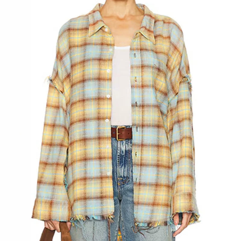 Shenzhen Nanyou Washed and Distressed Graffiti-Effect Plaid Shirt for Women, 13 Designer Styles, Loose Casual Top Shenzhen Nanyou Washed and Distressed Graffiti-Effect Plaid Shirt for Women, 13 Designer Styles, Loose Casual Top