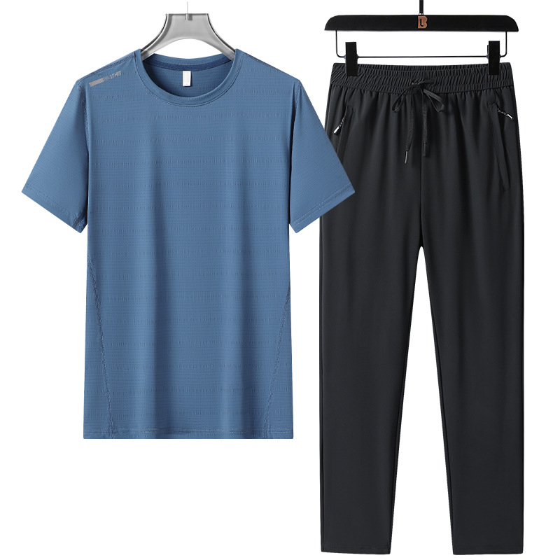 Hombre de verano helado juego deportivo casual transpirable rápido seco cuello redondo manga corta suelta pantalones largos de dos piezas al por mayor