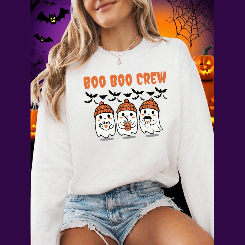 Boo Boo Crew Ghost Print Halloween Sweatshirts Women Winter Fleece Warm Sweatshirt Round Neck Loose