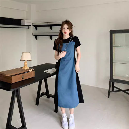 Fat MM does not pick a figure, retro denim stitching dress, women's new summer dress, covering the belly and showing slimming A-line short skirt