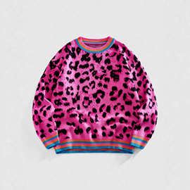 跨境秋冬欧美男女款毛衣粉色豹纹撞色宽松套头针织毛衣条纹间色