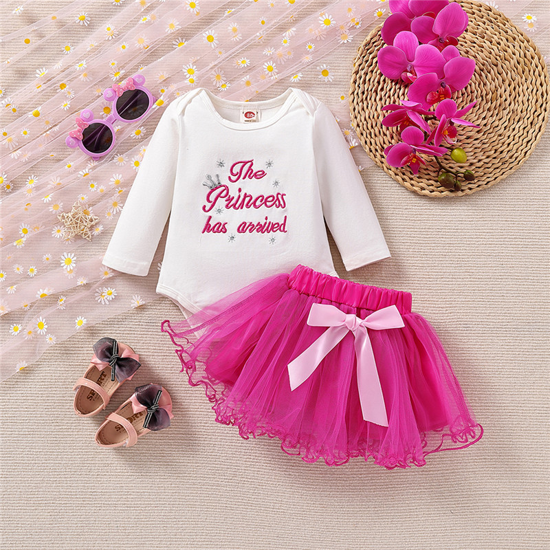 Cross-border Children's Wear Spring and Autumn New Baby Girl Sweet Long Sleeve Suit Embroidered Letters Rose Red Mesh Short Skirt