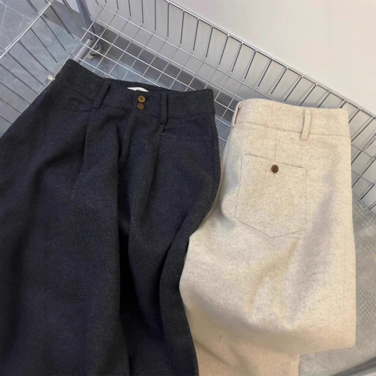 渠道货,掌柜自留推荐!秋冬黑色毛呢加厚高腰宽松休闲阔腿长裤女