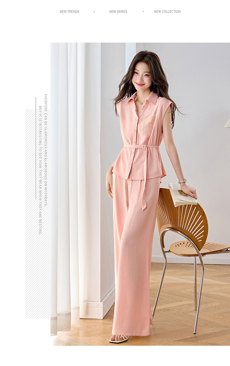 Bộ quần áo nữ mùa hè cao cấp gồm áo sơ mi dây rút và quần ống rộng — Xám gạo, Màu hồng chi tiết 12