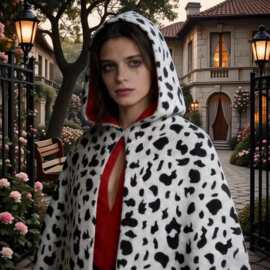 跨境新款披肩双层丝绒连帽披肩万圣节斗篷二次元cos服黑白斑点袍*