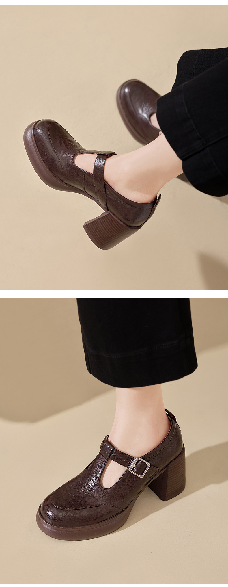 Giày Mary Jane nữ da cừu cao gót 6 cm phong cách vintage — màu nâu chi tiết 5