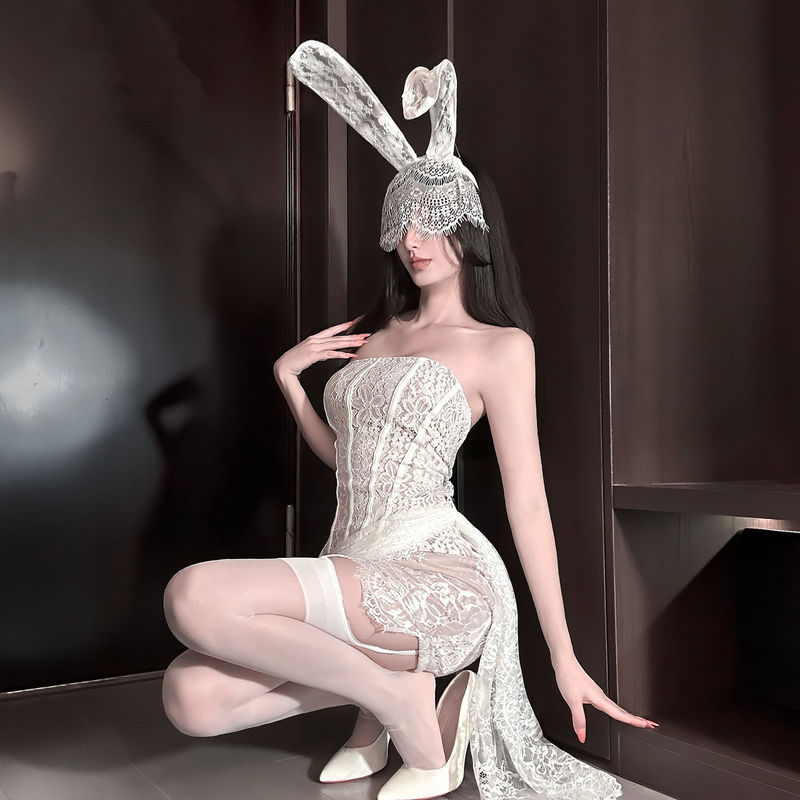 Lace Hot Girl Strapless Dress with Fishbone Slim Fit Backless Sexy Short Dress Dm Halloween Party Rabbit Ear Headband New