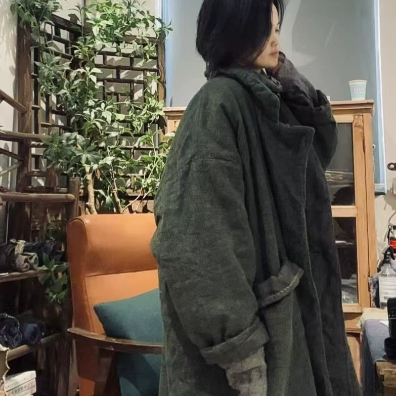 25/1 SN120 литературный ретро-трикотажный льняный воротник простой длинный хлопчатобумажный халат