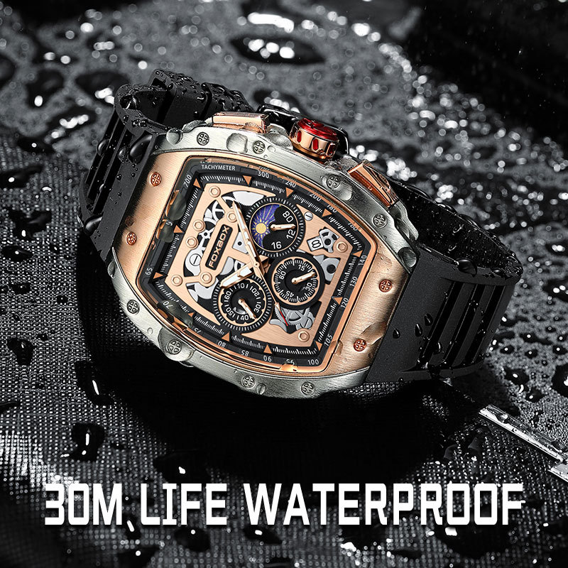 FOXBOX cubo hombres jóvenes deportes multifunción reloj impermeable calendario reloj de cuarzo hueco 0015