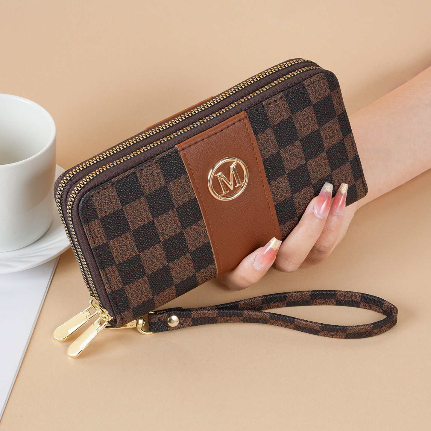 Cartera de Mano de Doble Capa de Cuero PU Multitarjetero Cierre de Cremallera para Uso Diario