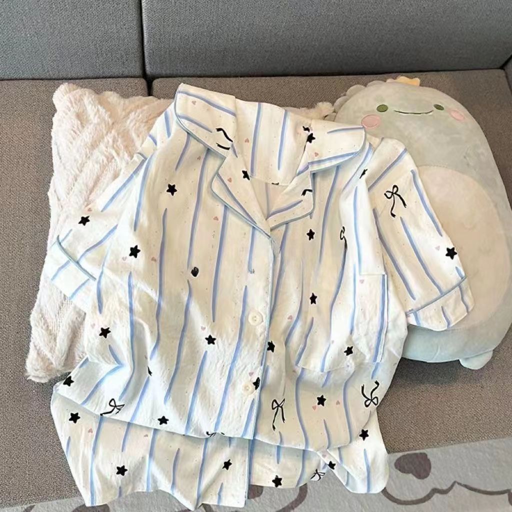 Pijama coreano de primavera y otoño lindo KT gatos cuadrícula pantalones cortos de manga corta cardigan set nubes algodón ropa de hogar se puede usar fuera