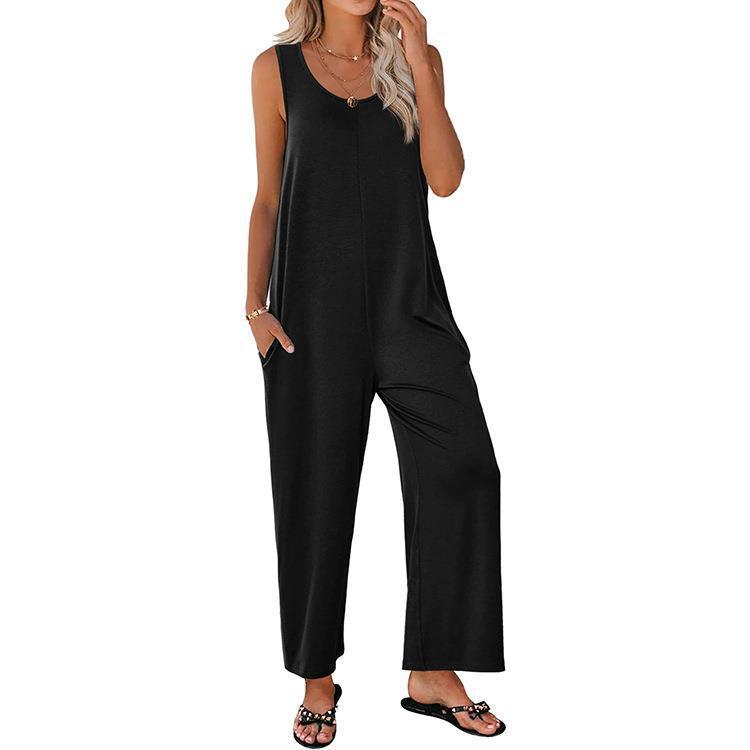 2024 Comercio exterior transfronterizo Amazon Europa y América del verano de las mujeres Sling flojo recto color sólido pierna ancha pantalones de una pieza liguero