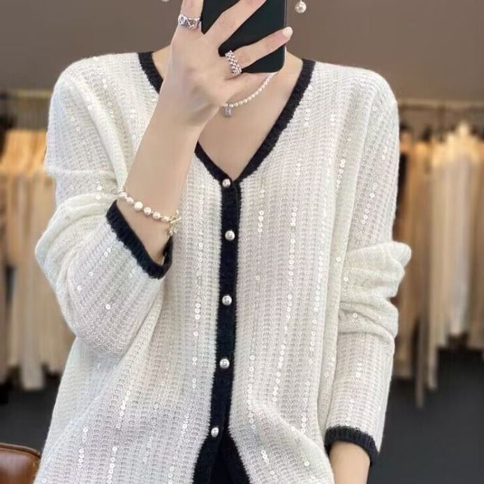 Early Autumn New Heavy-Duty Hollow Sequin Knit Cardigan Solid Color Loose Versatile Sweater Coat Long-Sleeve Pearl Top