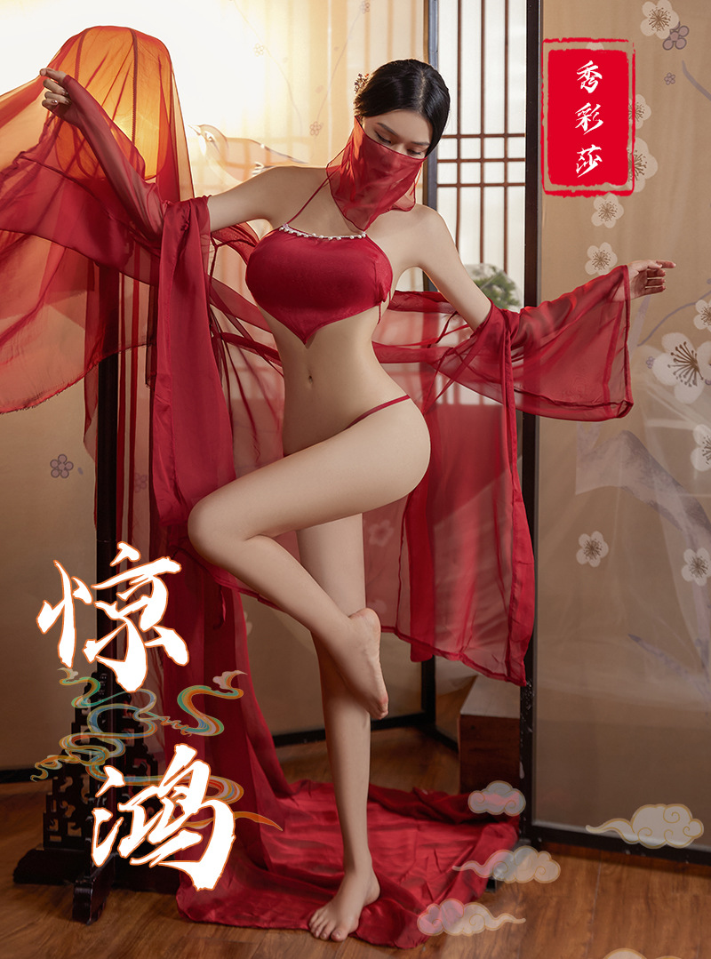 Hanfu-Inspired Chiffon Lingerie Set with Robe, Belly Wrap, Thong and Veil — detail image 2