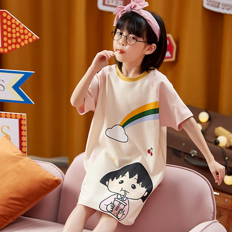 2021 children Nightdress summer pure cotton Short sleeved girl CUHK princess baby girl Thin section Home Furnishings