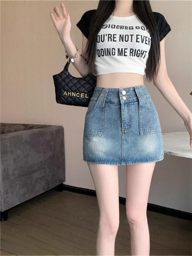 Jeans skirt women summer lettered skirt short skirt maxi skirt washed retro high-waisted slimming distressed hot pants short skirt
